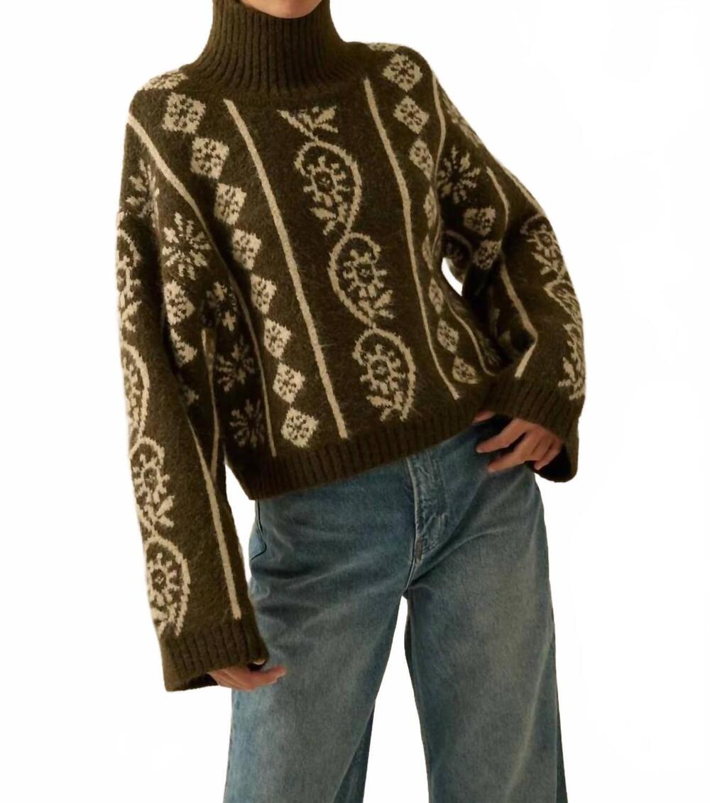 NEW PROMESA abstract floral jacquard fuzzy mock neck sweater in olive